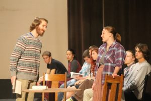 Matt Nielsen and Kellie Wambold rehearse their roles as Mr. and Mrs. Webb.