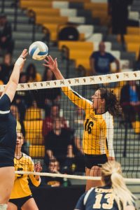 No. 16 sophomore Carly Lemke tips the ball past UW-Eau Claire on Friday, Oct. 7.