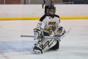 Eric Vela waits in the goal during a UWO home game. Vela and Tony Francois have shared time in the net for the Titans and have a combined 235 saves and an .874 save percentage. 