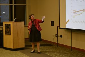 UW Madison Chancellor Rebecca Blank refers to a PowerPoint during the budget discussion. Blank and Chancellor Andrew Leavitt spoke on campus about the new state budget.