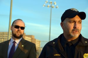 Chancellor Andrew Leavitt and UPD Chief Kurt Liebold look over campus while hearing concerns during the safety walk.