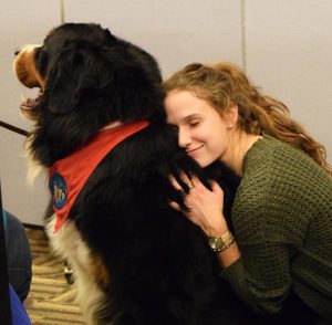 Bayleigh Marquis hugs a St. Bernard wearing a bandana.