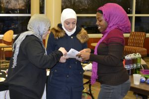 The Women’s Center provides pamphlets with information about health and sports, and women from a local Muslim faith community brought hijabs to give UWO women the experience of wearing one. 