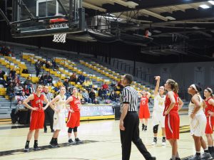 Forward Eliza Campbell shoots one of her free throws against UW-River Falls. Campbell has 12 points and 4 rebounds.