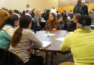 LGBTQ Resource Center Director Liz Cannon leads a round-table discussion regarding current issues facing Muslim members of the UWO campus community. The discussions were a part of Monday night’s Town Hall Meeting.