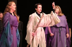 Shayla Menter (left, First Witch), Matthew Beecher (middle, Sorcerer) and Maggie Grewal (Second Witch) perform a dark and powerful scene in the UW Oshkosh opera performance of “Dido & Aeneas” on Sunday afternoon in the Music Hall.