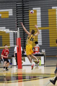 No. 15 sophomore Tony D’Acquisto spikes the ball.