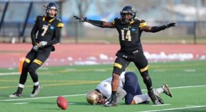 No. 14 Cameron Brown gets excited after making a big play against John Carroll University this past fall in the playoffs.