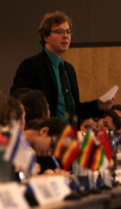 Model United Nations member Zach Vetter argues his point about the Israeli and Palestine relations on behalf of Iran. 