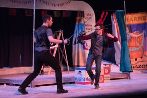 "Matt Peplinski (left) and Matt Beecher (right) perform a choreographed sword fight during a dress rehearsal. "