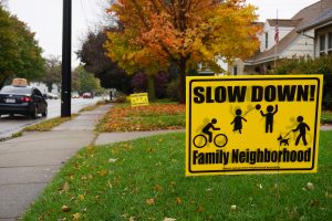 A sign in the front yard of a Jackson Street house asks drivers to slow down to make the community safer. According to a study in 2016, there were 807 accidents in intersections in 2016 and 694 in 2015.