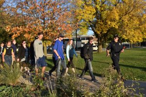 UP Chief Leibold talks to students on the Safety Walk Thursday. The Safety Walk aims to find flaws in UWO’s campus safety. Students can tell Chancellor Leavitt and Leibold about areas they feel are unsafe.