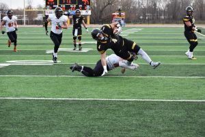 No. 4 senior running back Dylan Hecker gains yardage against Wartburg College at home.