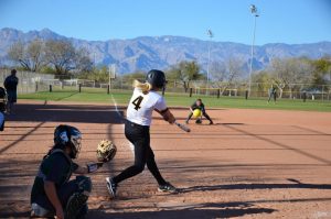 UWO senior outfielder Brianna Witter drills a ball back the other way during the National Fastpitch Coaches Association Leadoff Classic in Tempe, Arizona over the weekend. So far, the team’s record stands at 7-3, with five mercy-rule victories.  