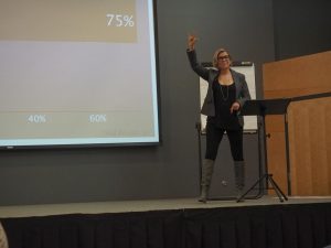 Isabell Springer speaks about romantic attraction and emotional maturity in Reeve Memorial Union Tuesday night during the UW Oshkosh speaker series.