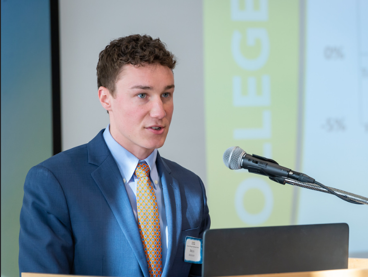 Student Brian McKnight gives a speech during the Student-Managed Endowment Fund presentation.