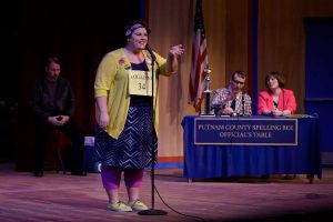 UWO graduation speaker Griffyn Albers acts in a spelling bee during a theatre performance.