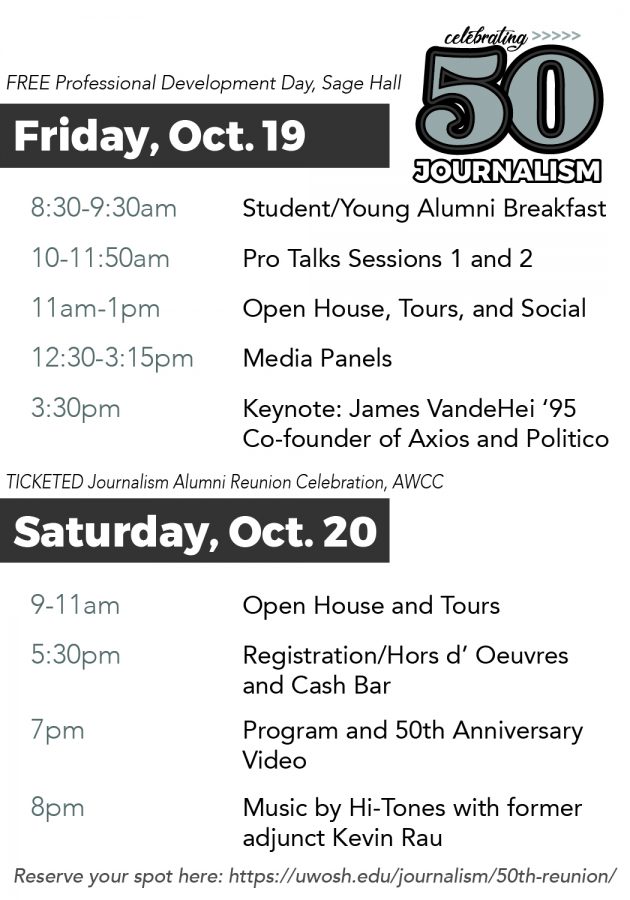 FREE Professional Development Day, Sage Hall Friday, Oct. 19 8:30-9:30 a.m. Student/Young Alumni Breakfast 10-11:50 a.m. Pro Talks Sessions 1 and 2 11 a.m.-1 p.m. Open House, Tours and Social 12:30-3:15 p.m. Media Panels 3:30 p.m. Keynote: James VandeHei ‘95, Co-founder of Axios and Politico TICKETED Journalism Alumni Reunion Celebration, AWCC Saturday, Oct. 20 9-11 a.m. Open House and Tours 5:30 p.m. Registration/Hors d’ Oeuvres and Cash Bar 7 p.m. Program and 50th Anniversary Video 8 p.m. Music by Hi-Tones with former Adjunct Kevin Rau Reserve your spot here: https://uwosh.edu/journalism/50th-reunion/