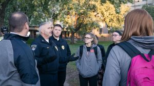 University Police Chief Kurt Leibold discusses ways to stay safe on and off campus and answers student’s questions along the walk.