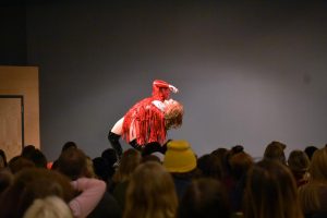 UWO student Jacob Fulton bends over backward during his performance of “Mama J” Tuesday.