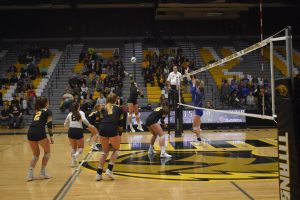 UWO women's volleyball attacks the net during Wednesday's match.