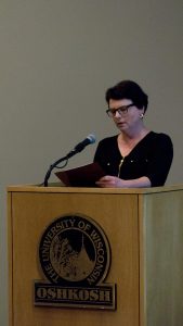 Monika Hohbein presents at a World War I event.