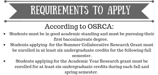 According to OSRCA: Students must be in good academic standing and must be pursuing their first baccalaureate degree. Students applying for the Summer Collaborative Research Grant must be enrolled in at least six undergraduate credits for the following fall semester. Students applying for the Academic Year Research Grant must be enrolled for at least six undergraduate credits during each fall and semester.