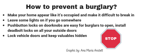 How to prevent a burglary? Make your home appear like it’s occupied and make it difficult to break in Leave some lights on if you go somewhere Pushbutton locks on doorknobs are easy for burglars to open, install deadbolt locks on all your outside doors Lock vehicle doors and keep valuables hidden