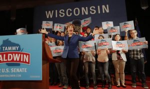 U.S. Sen. Tammy Baldwin reacts to winning.