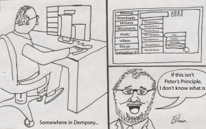 Cartoon drawn by Ethan Uslabar: Man on computer in Dempsey deleteing files under documents that say "big check one, big check two, bg check three, UWO reputation, big check four" then the man says, "if this isn't peter's Principal, I don't know what is.