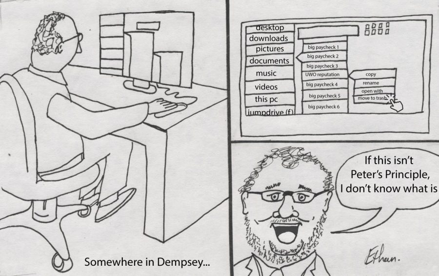 Cartoon drawn by Ethan Uslabar: Man on computer in Dempsey deleteing files under documents that say big check one, big check two, bg check three, UWO reputation, big check four then the man says, if this isnt peters Principal, I dont know what is.