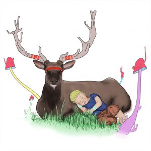 The nature child rests against a protective deer
