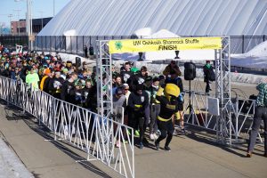Clash leads all 750 runners at the start of the 12th annual Shamrock Shuffle held on the UW Oshkosh campus. Proceeds from the 12th Annual Shamrock Shuffle benefit the Oshkosh Area United Way, the UWO Police Department K9 Unit and the Student Recreation and Wellness Scholarship Fund.