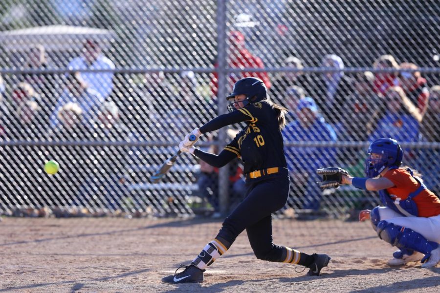 Natalie Dudek hits a double versus UW-Stevens Point. Dudek finished with one hit and one run.