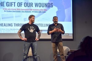 Arno Michaelis (left), a former white supremacist, and Pardeep Singh Kaleka, a witness of a hate crime, spoke on campus Monday.
