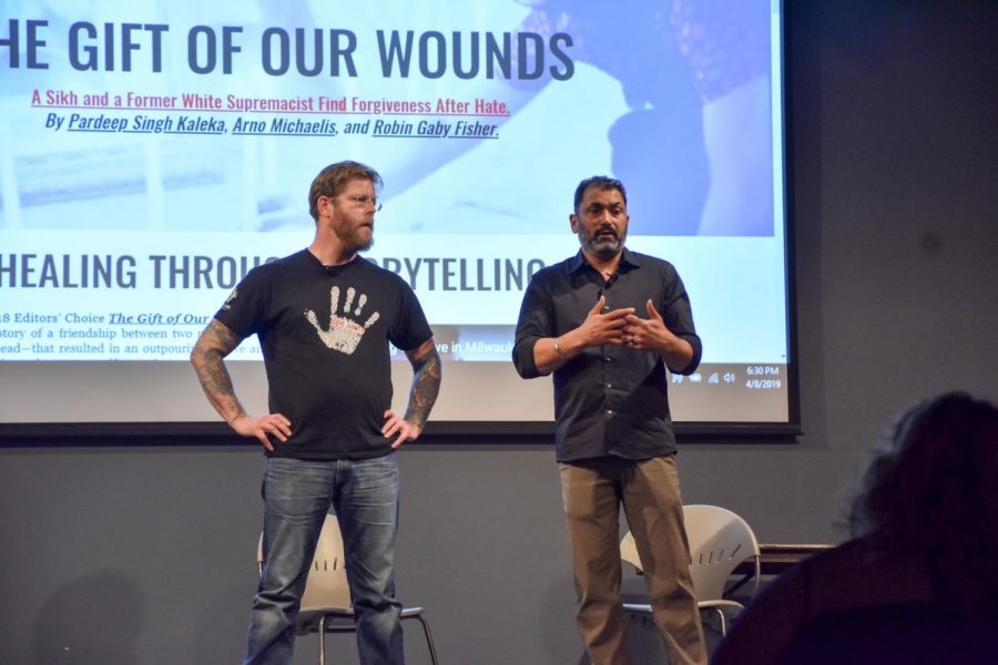 Arno Michaelis (left), a former white supremacist, and Pardeep Singh Kaleka, a witness of a hate crime, spoke on campus Monday. Photo by Lydia Sanchez 