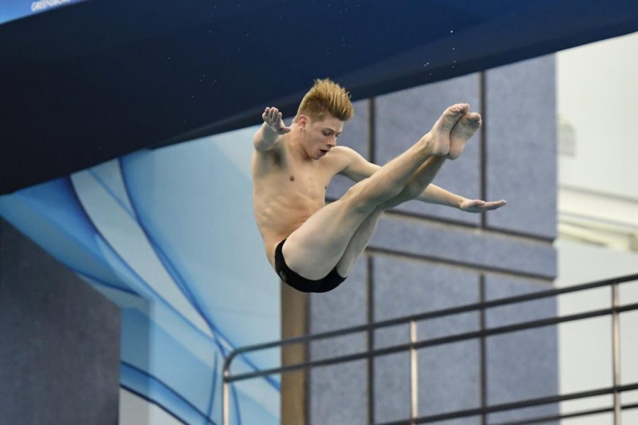 Wilke keeps a tight form before entering a his back tuck and diving motion at the NCAA Division-III Diving Championship.