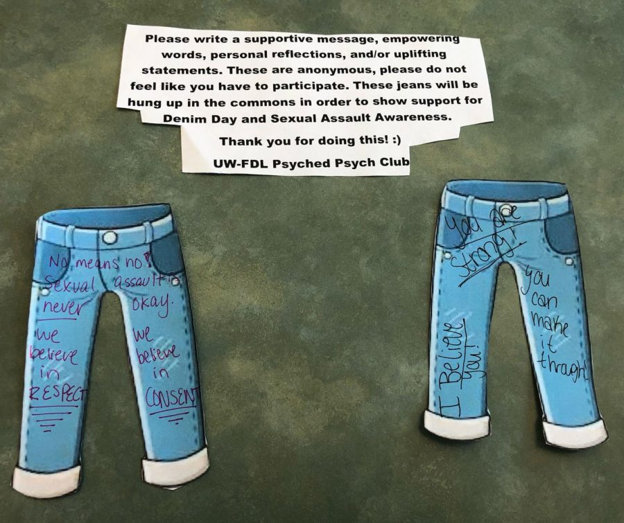 Denim jeans show supportive messages for display.