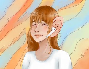 cartoon of girl listening to music on airpods