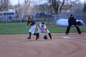 Jordan Manthei positions herself at first base. Manthei has committed zero errors in the 2019 softball season. 