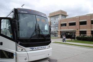 Amtrak bus ready to pick up students