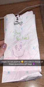 A residence hall staff member shares a Snapchat showing the gift bags Stewart and Evans Hall staff were given after being forced to quarantine.
