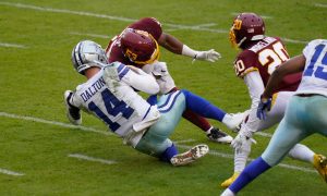 Andy Dalton, the Cowboys’ backup quarterback, was placed on
concussion protocol after taking this hit against the Washington Football Team.