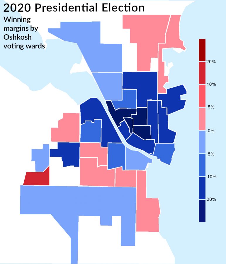 Graphic by Sophia Voight
Over 30,000 people in Oshkosh voted in the presidential election. The map represents Oshkosh
voting patterns in the 2020 presidential election by voting wards. Darker sections represent a wider
margin of victory in each ward for either Donald Trump (R) or Joe Biden (D).