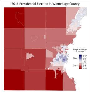 Winnebago County voting patterns in the 2016 presidential election show the rural-urban divide between Oshkosh and the rest of the county
