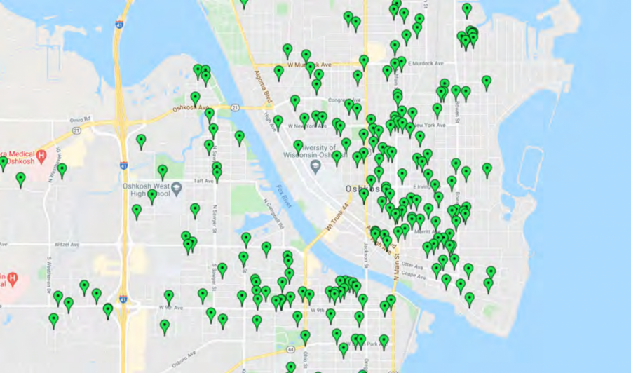 Screenshot of map showing sex offenders in the Oshkosh area