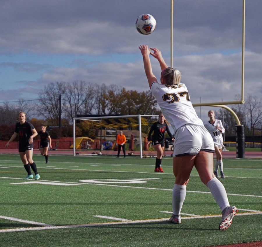 Courtesy of Sarah Witherspoon
UWO defender Caylee Fry passes the ball downfield towards the goal at J.J. Keller Stadium.