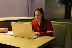 Katie Pulvermacher /Advance-Titan - UWO Education sophomore Alaina Wagner works on a class assignment. She says pay won’t change her mind about her intended occupation.
