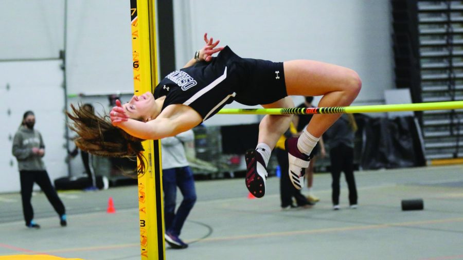 Courtesy of UWO Athletics Riley Kindt performs a high jump. With a height of 5-3 3/4 she won the event, two inches above the competition.