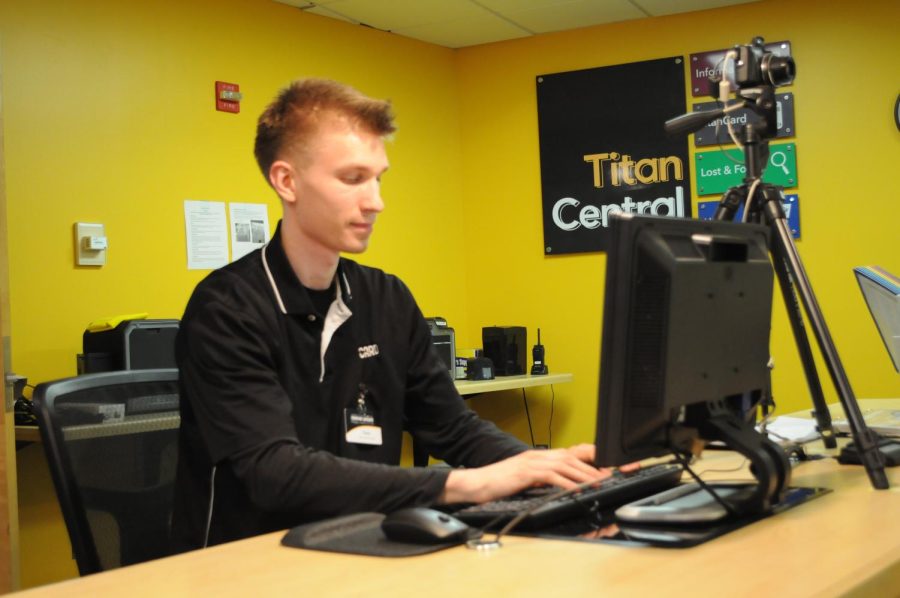 Kelly Hueckman / Advance-Titan
UWO student Trace Wagner works on campus as an information specialist at Titan Central in Reeve Memorial Union.